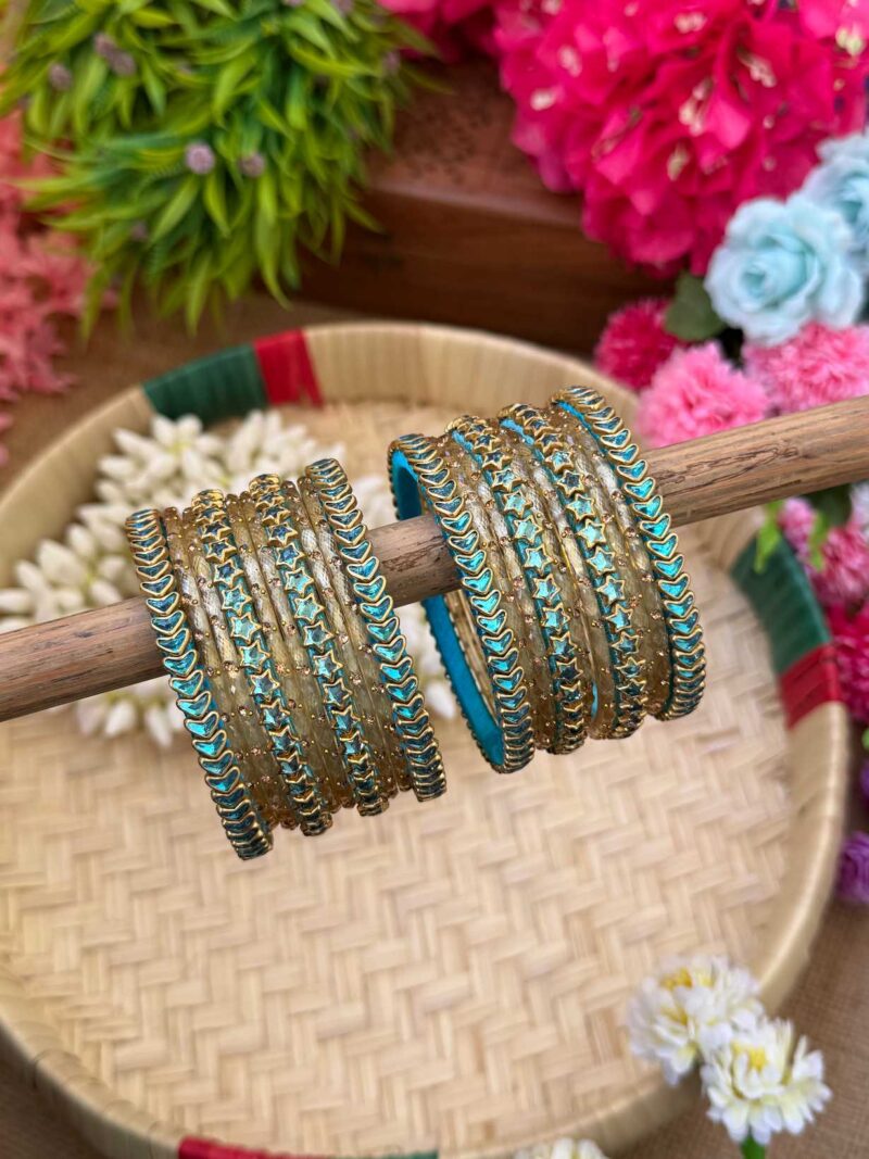 Heart & Star Sky Blue & Gold Silk Thread Glass Bangles Combo - BC459