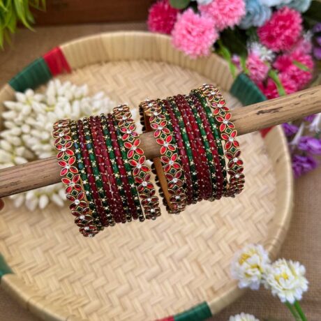 Floral Pattern Red & Green Silk Thread Glass Bangles Combo - BC460