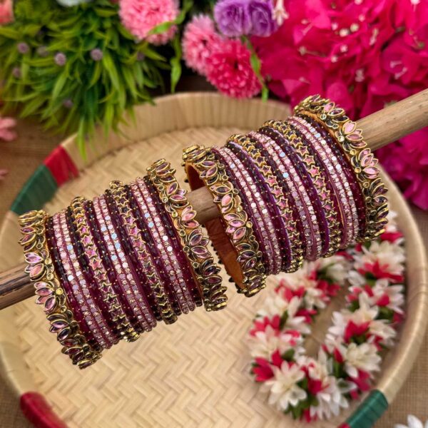 3D-Baby Pink Lotus With Wine Bridal Silk Thread Glass Bangle Combo - BC463