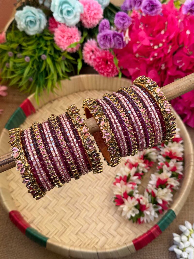 3D-Baby Pink Lotus With Wine Bridal Silk Thread Glass Bangle Combo - BC463