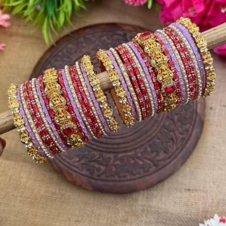 Bridal Look Lakshmi Chams With Lavender & Red Silk Thread Glass Bangle Combo - BC465