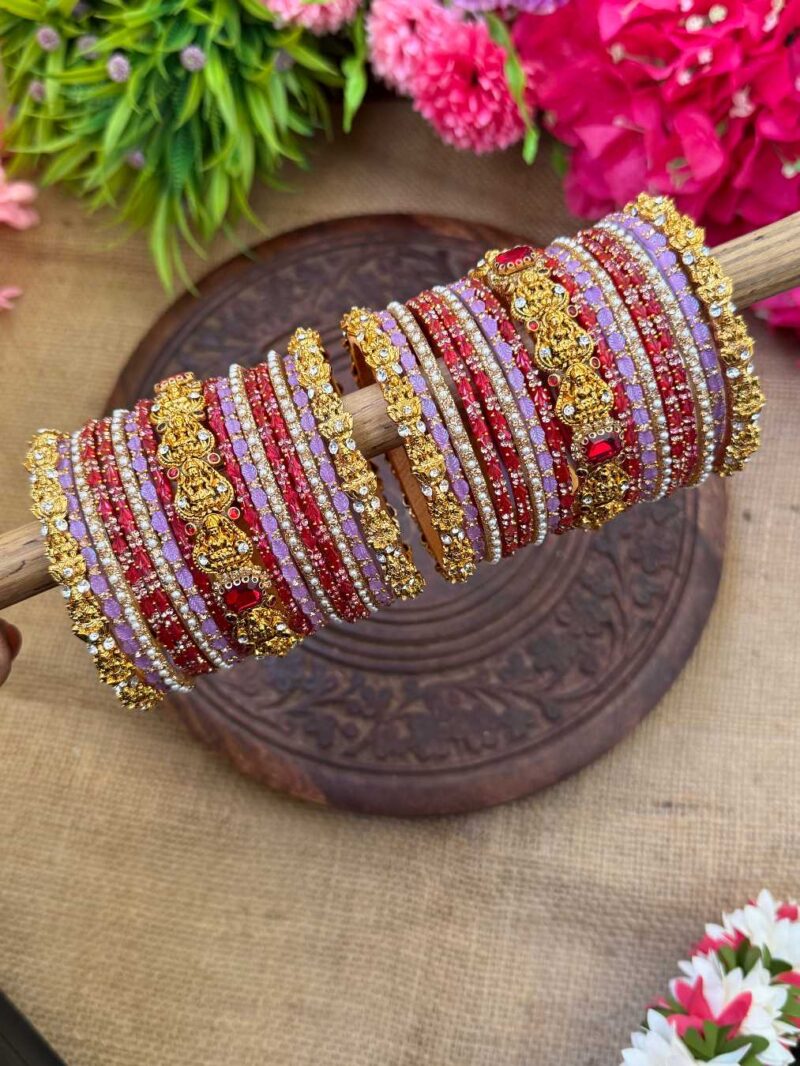 Bridal Look Lakshmi Chams With Lavender & Red Silk Thread Glass Bangle Combo - BC465