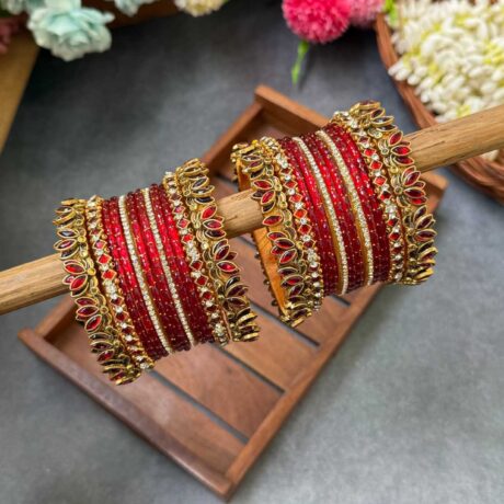 3D-Red Lotus Silk Thread Glass Bangles Combo- BC390