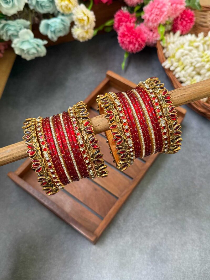 3D-Red Lotus Silk Thread Glass Bangles Combo- BC390