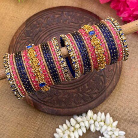 Bridal Look Lakshmi Chams With Dark Blue & Pastel Pink Silk Thread Glass Bangle Combo - BC466