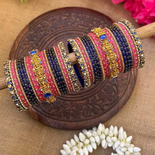 Bridal Look Lakshmi Chams With Dark Blue & Pastel Pink Silk Thread Glass Bangle Combo - BC466