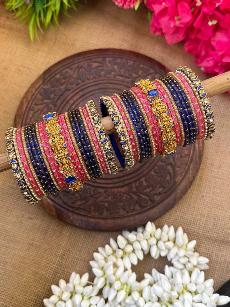 Bridal Look Lakshmi Chams With Dark Blue & Pastel Pink Silk Thread Glass Bangle Combo - BC466