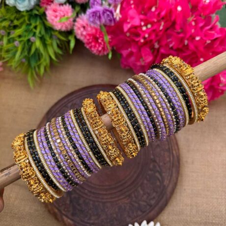 Elegant Look Lakshmi Chams With Lavender & Black Silk Thread Glass Bangles Combo - BC467