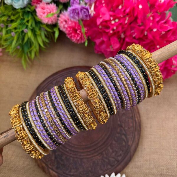 Elegant Look Lakshmi Chams With Lavender & Black Silk Thread Glass Bangles Combo - BC467