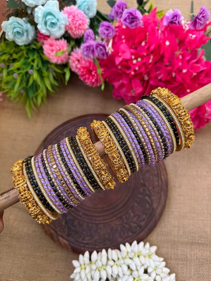 Elegant Look Lakshmi Chams With Lavender & Black Silk Thread Glass Bangles Combo - BC467