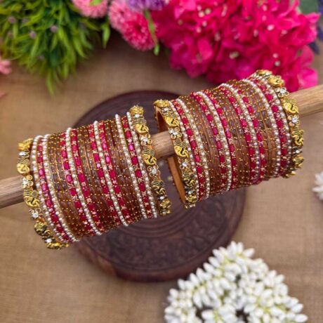 Elegant Look Ganesh Chams With Honey Colour & Bright Pink Silk Thread Glass Bangles Combo - BC468