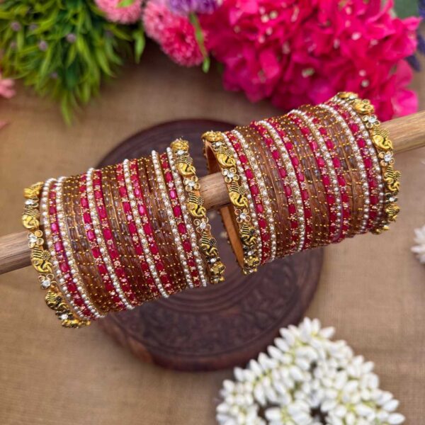 Elegant Look Ganesh Chams With Honey Colour & Bright Pink Silk Thread Glass Bangles Combo - BC468