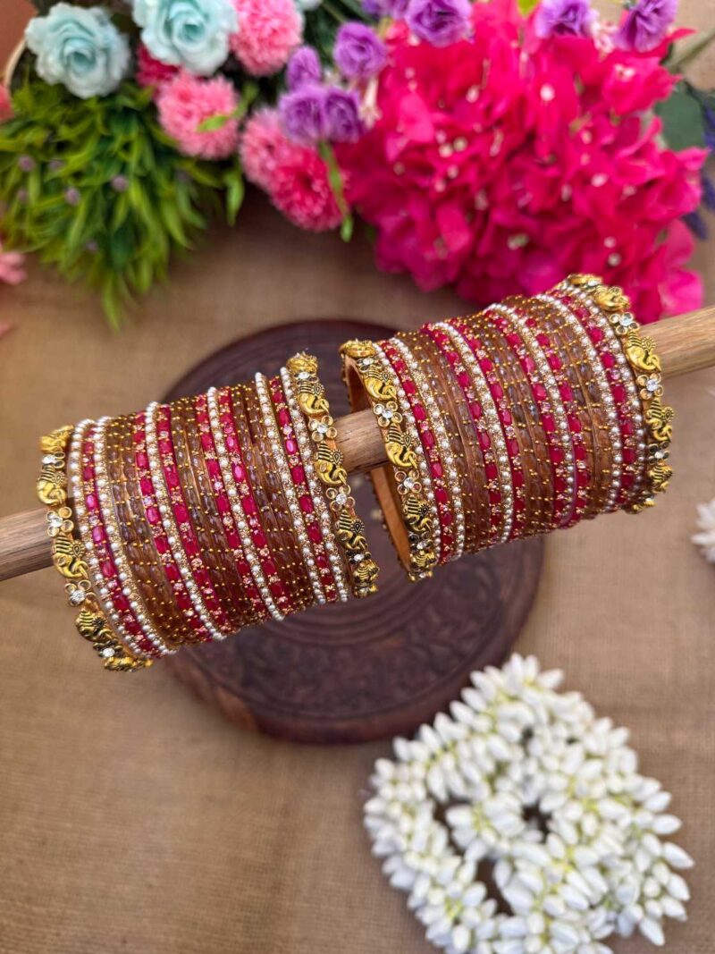 Elegant Look Ganesh Chams With Honey Colour & Bright Pink Silk Thread Glass Bangles Combo - BC468