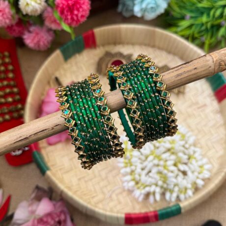 Dark Green Silk Thread Glass Bangles Combo - BC416