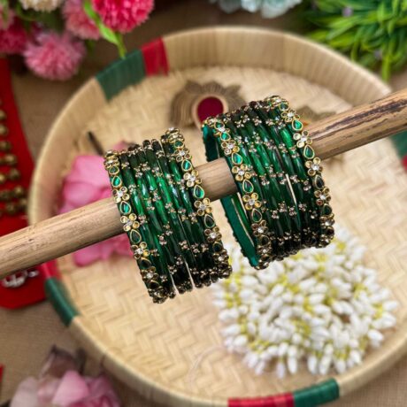 Drop Dark Green Silk Thread Glass Bangles Combo - BC417