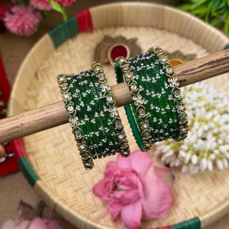 White & Dark Green Silk Thread Glass Bangles Combo - BC418