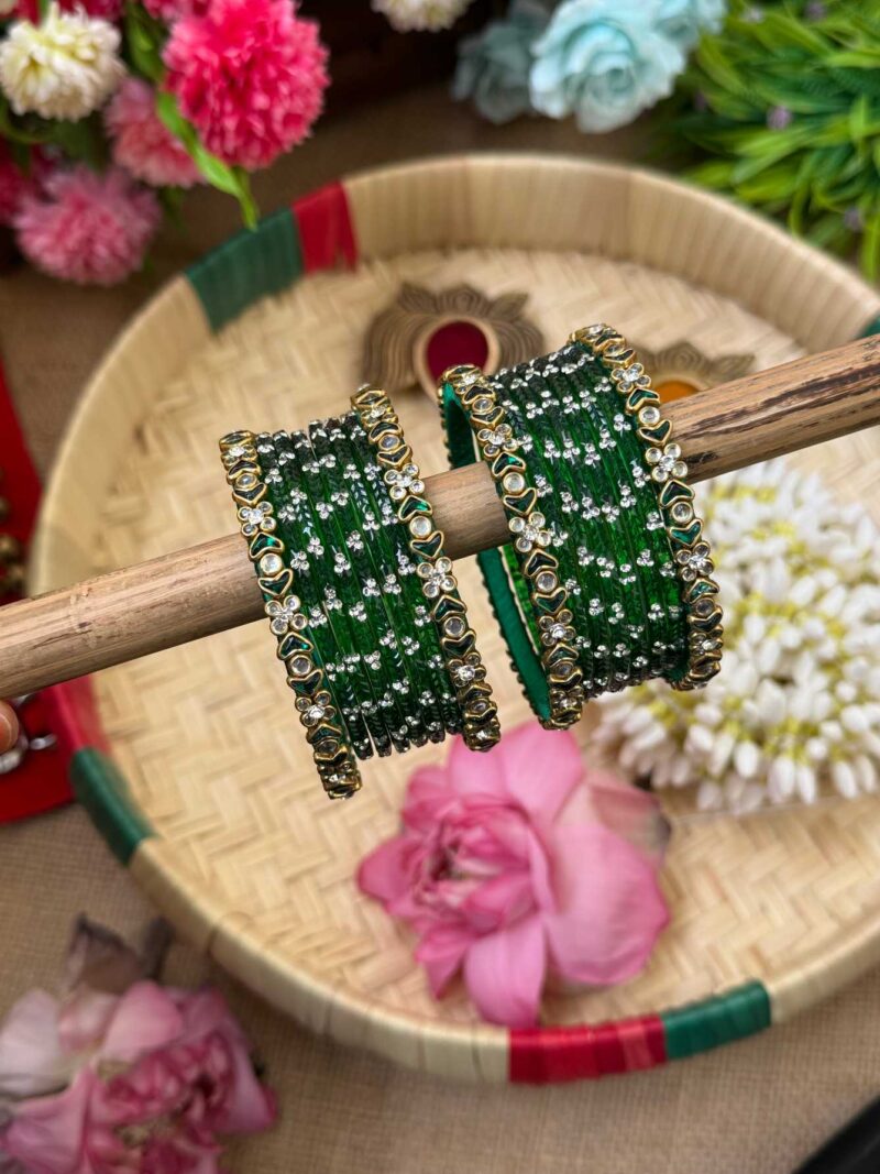 White & Dark Green Silk Thread Glass Bangles Combo - BC418