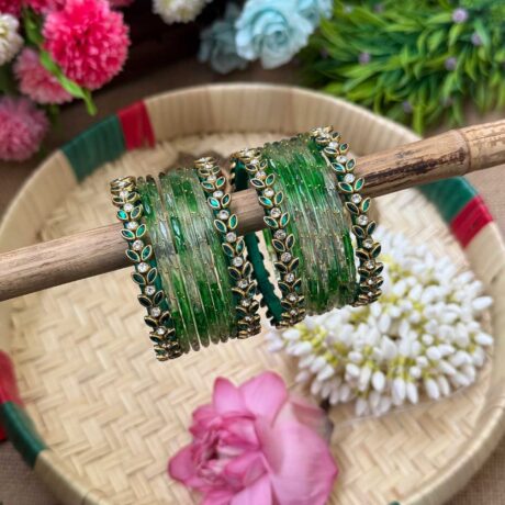 Leaf Dark Green Silk Thread Glass Bangles Combo - BC421