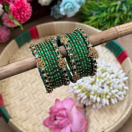 Lakshmi Cham Dark Green Silk Thread Glass Bangles Combo - BC422