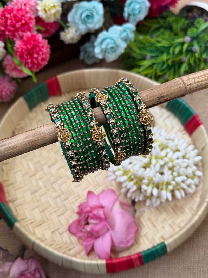 Lakshmi Cham Dark Green Silk Thread Glass Bangles Combo - BC422