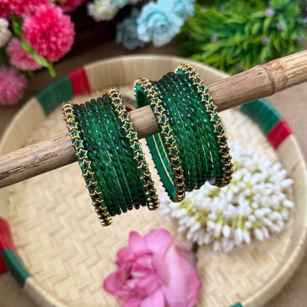 Star Dark Green Silk Thread Glass Bangles Combo - BC425