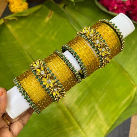 3D Middle Floral Bottle Green With Mustard Yellow Bridal Silk Thread Glass Bangle Combo - BC462