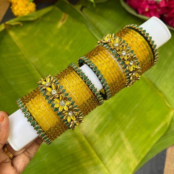 3D Middle Floral Bottle Green With Mustard Yellow Bridal Silk Thread Glass Bangle Combo - BC462