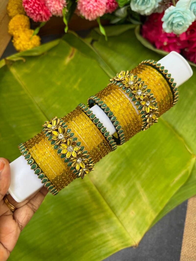 3D Middle Floral Bottle Green With Mustard Yellow Bridal Silk Thread Glass Bangle Combo - BC462