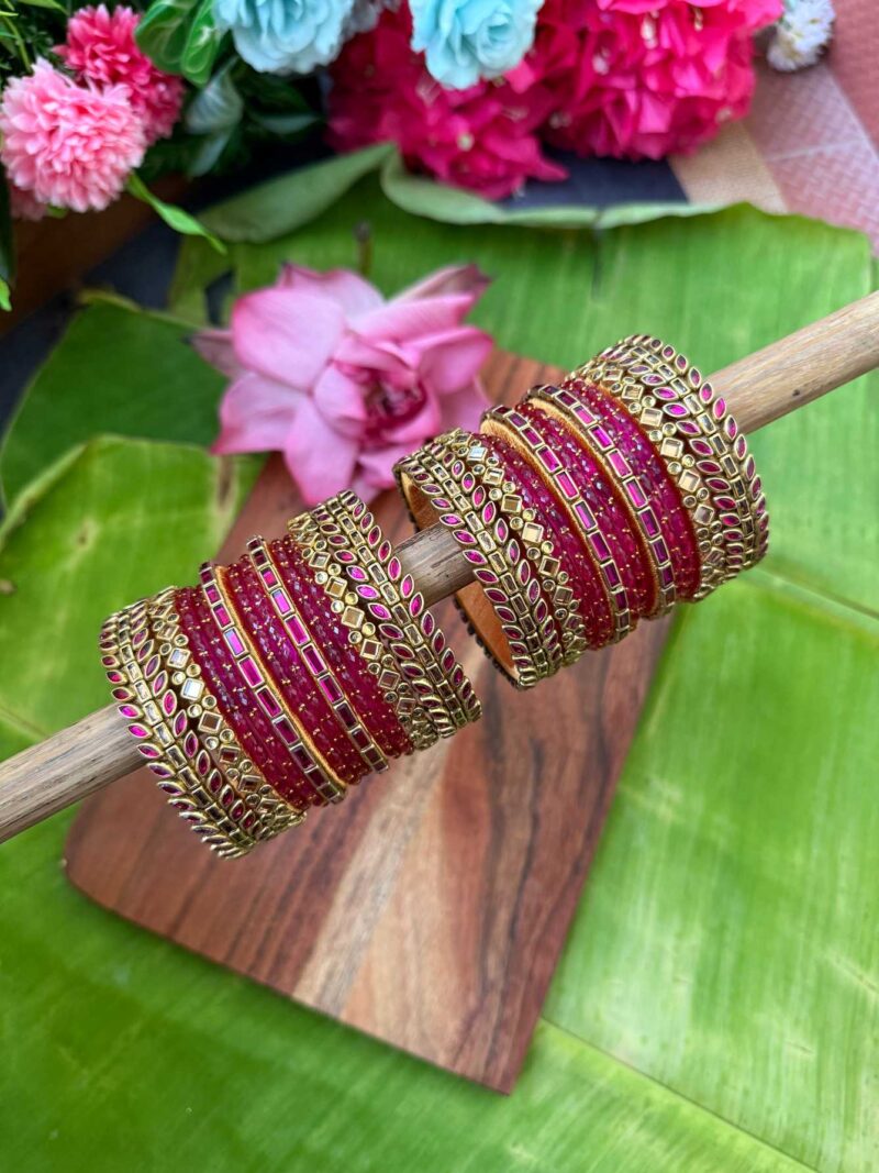 Leaf Style Pink & Gold Silk Thread Glass Bangles Combo - BC461