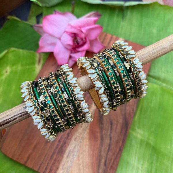 3D-Lotus Green & Pearl Silk Thread Glass Bangles Combo - BC456