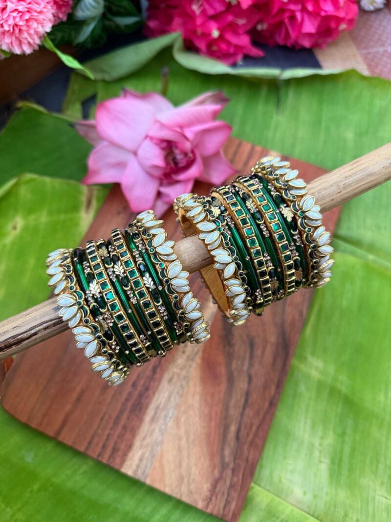 3D-Lotus Green & Pearl Silk Thread Glass Bangles Combo - BC456