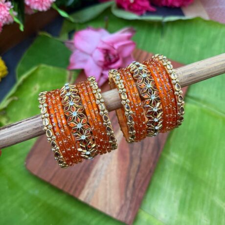 Orange Colour Flower Bridal Glass Bangle  - BC470