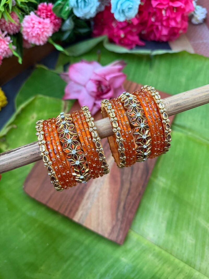 Orange Colour Flower Bridal Glass Bangle  - BC470
