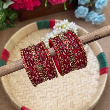 Floral Pattern Red Silk Thread Glass Bangles Combo - BC429