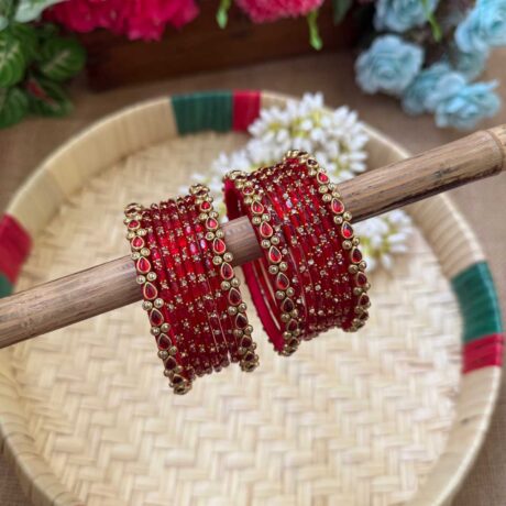 Drop Pattern Red Silk Thread Glass Bangles Combo - BC430