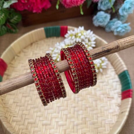 Dice & Stone Pattern Red Silk Thread Glass Bangles Combo - BC431
