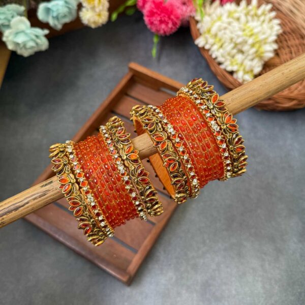 3D-Orange Lotus Silk Thread Glass Bangles Combo- BC392