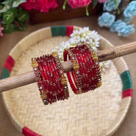 Lakshmi Cham Pattern Red Silk Thread Glass Bangles Combo - BC432