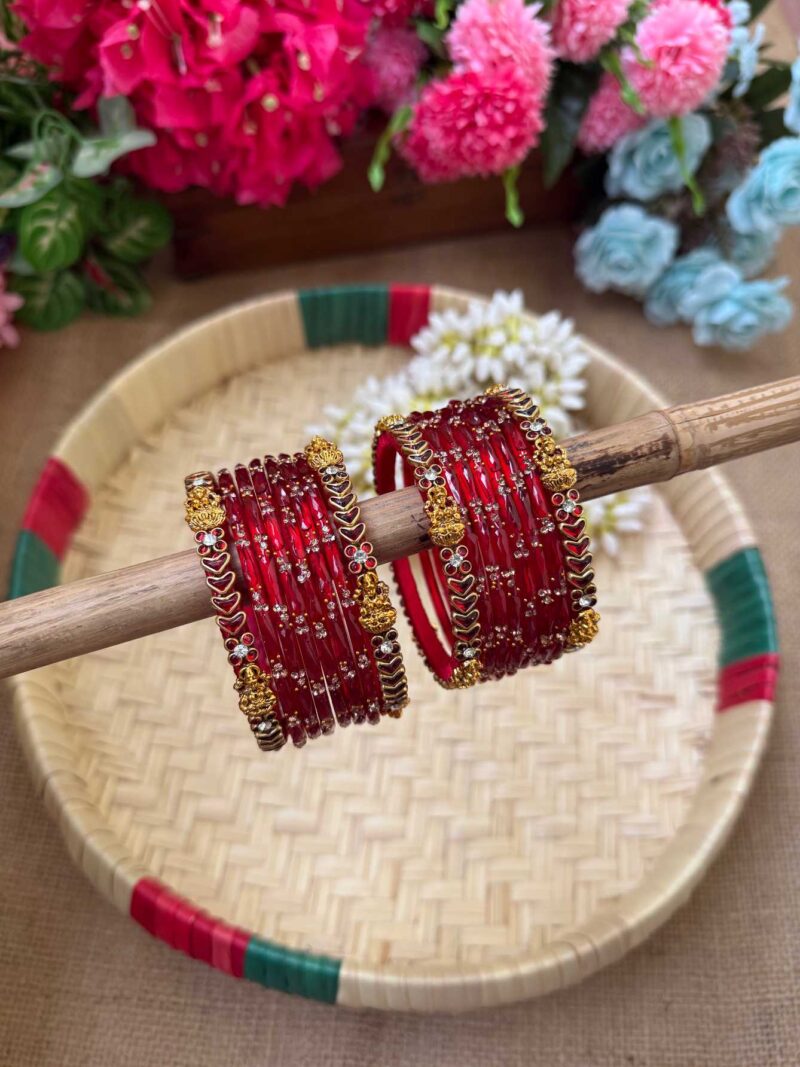 Lakshmi Cham Pattern Red Silk Thread Glass Bangles Combo - BC432