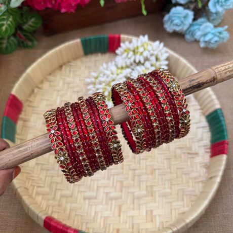 Floral Red & Gold Silk Thread Glass Bangles Combo - BC435