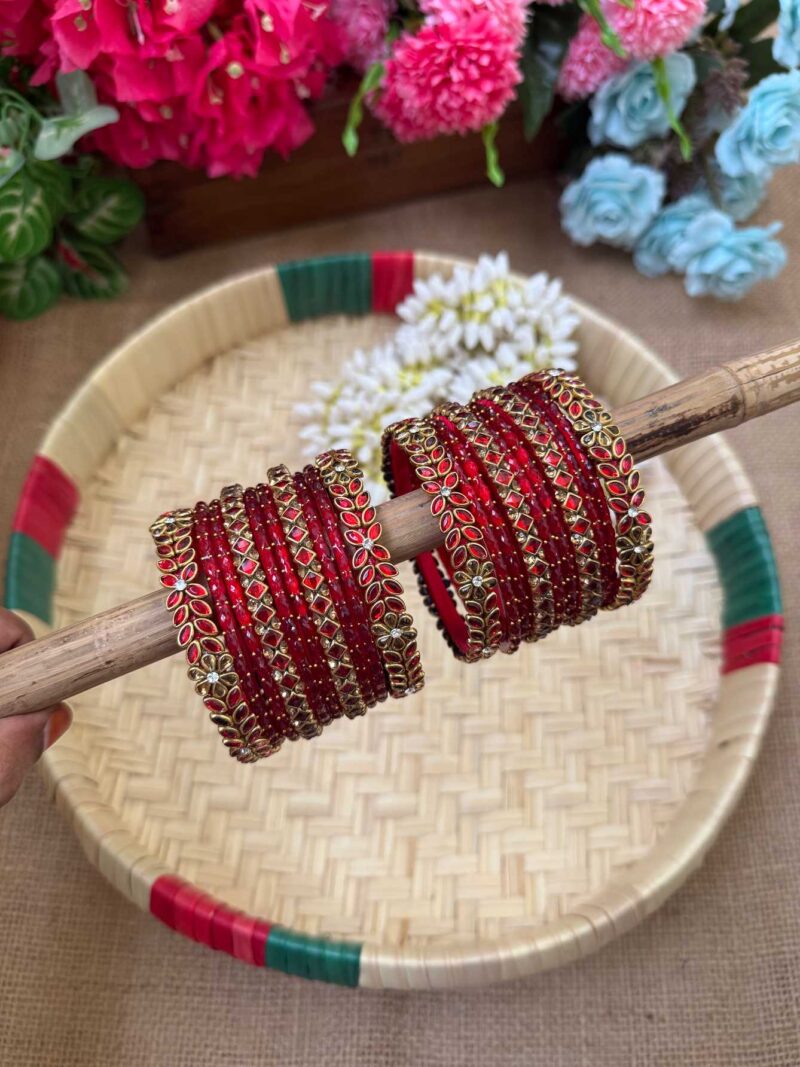 Floral Red & Gold Silk Thread Glass Bangles Combo - BC435