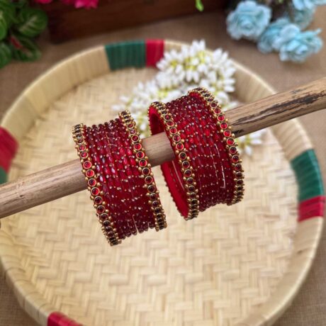 Red Dot Silk Thread Glass Bangles Combo - BC436