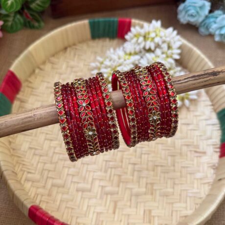 Floral Red & Gold Silk Thread Glass Bangles Combo - BC439