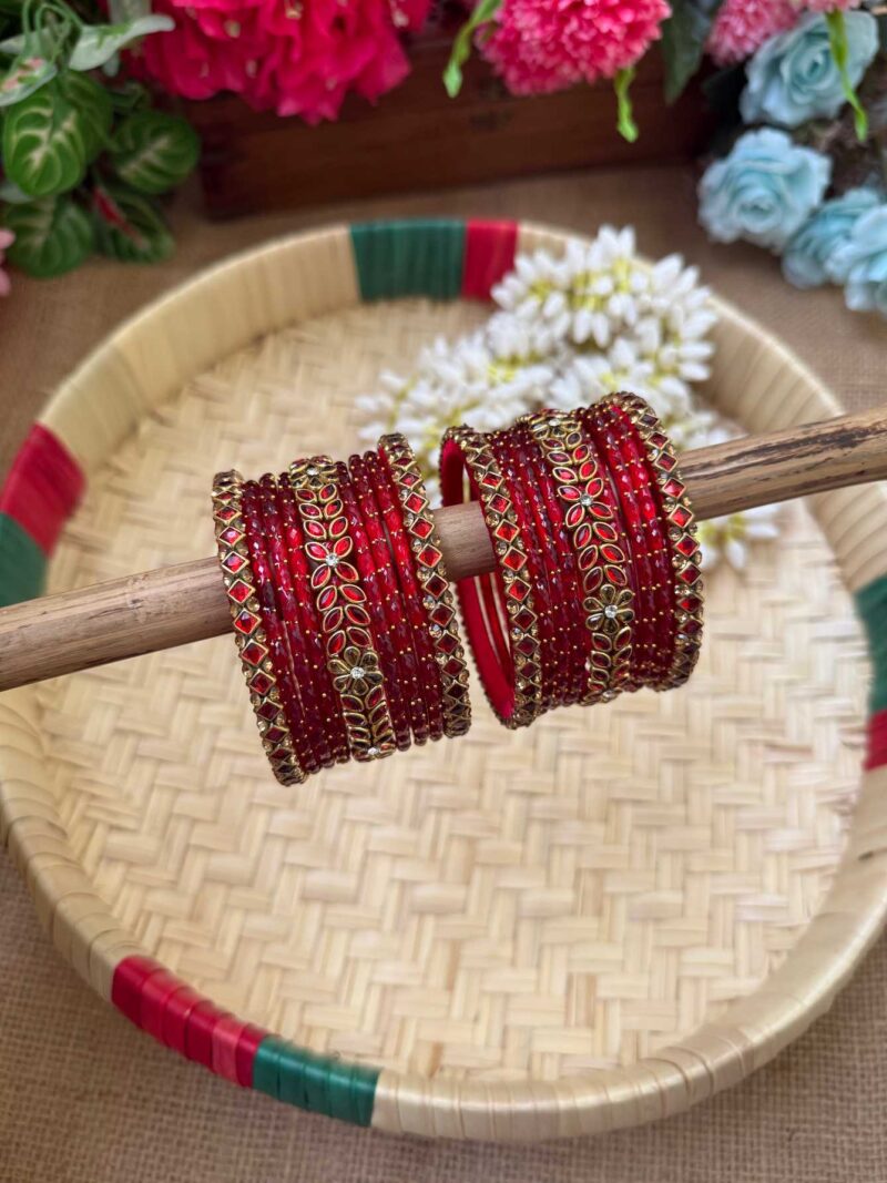Floral Red & Gold Silk Thread Glass Bangles Combo - BC439