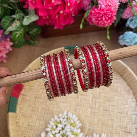 Red & Baby pink Silk Thread Glass Bangles Combo - BC440