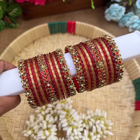 Red & Gold Silk Thread Glass Bangles Combo - BC441