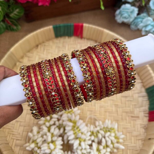 Red & Gold Silk Thread Glass Bangles Combo - BC441