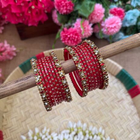 Red & Gold Silk Thread Glass Bangles Combo - BC444