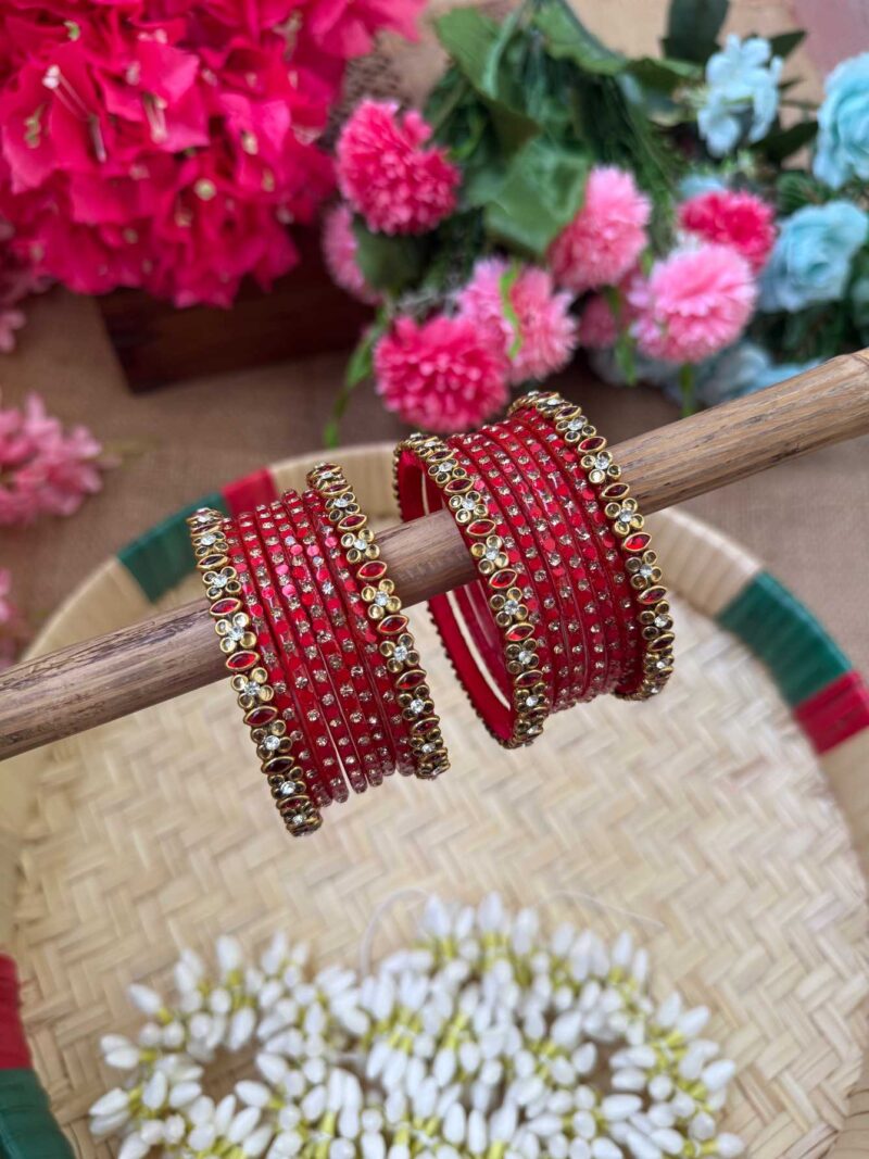 Red & Gold Silk Thread Glass Bangles Combo - BC444