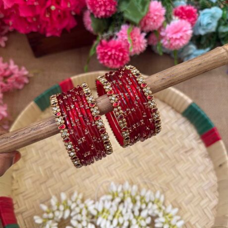 Red Drop & Gold Silk Thread Glass Bangles Combo - BC445